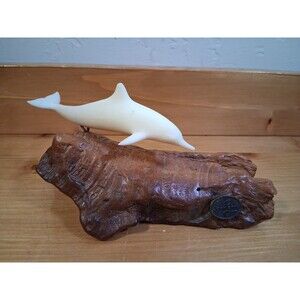Dolphin Porpoise Sculpture John Perry Signed Burlwood 3.5x7" Ocean Sealife